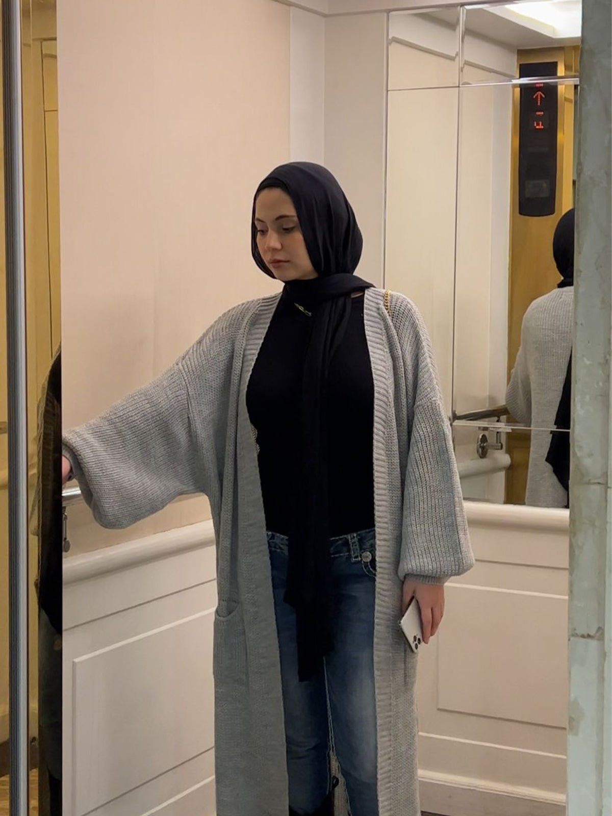 light gray cardigan