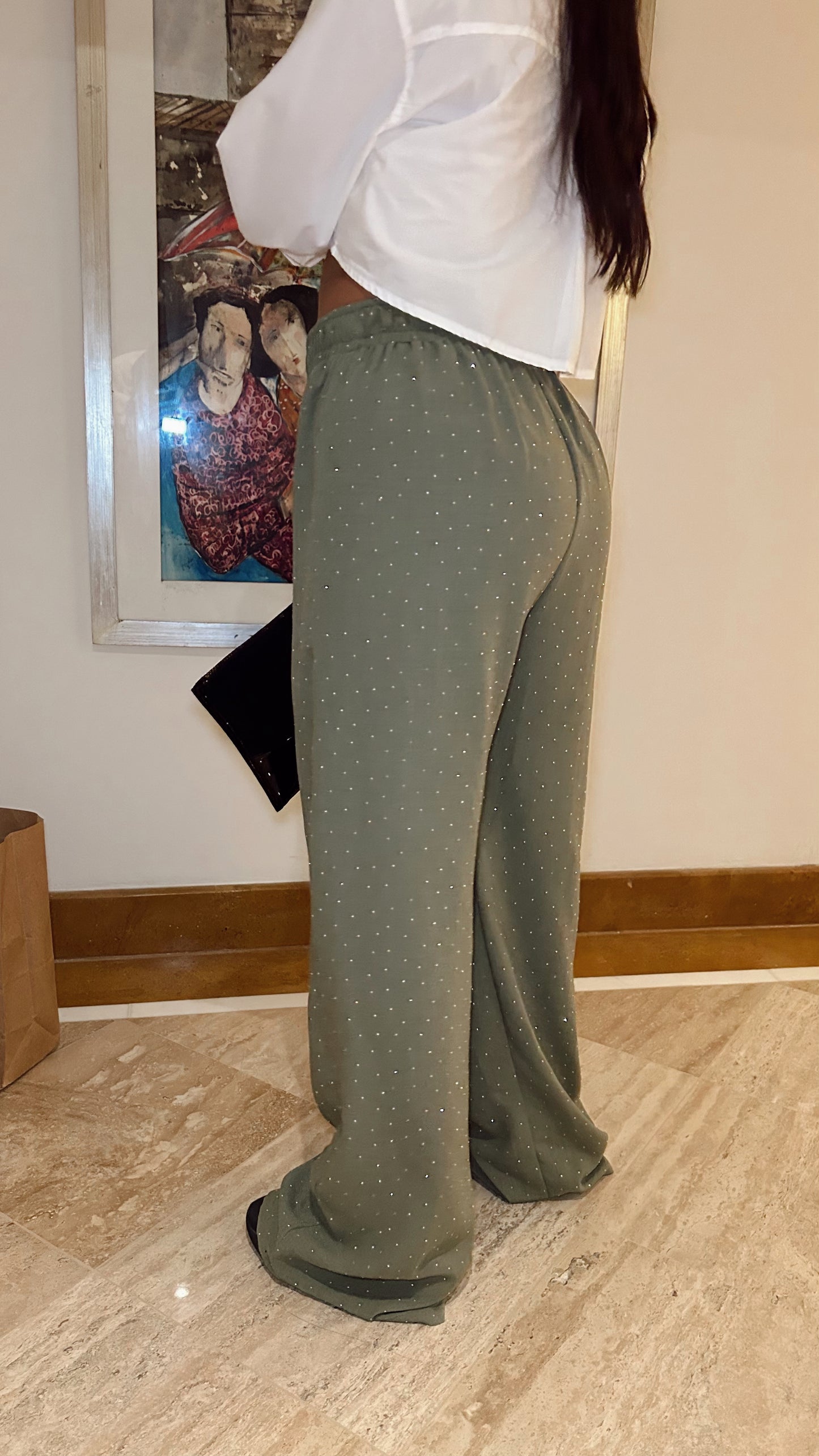 olive bling linen pants