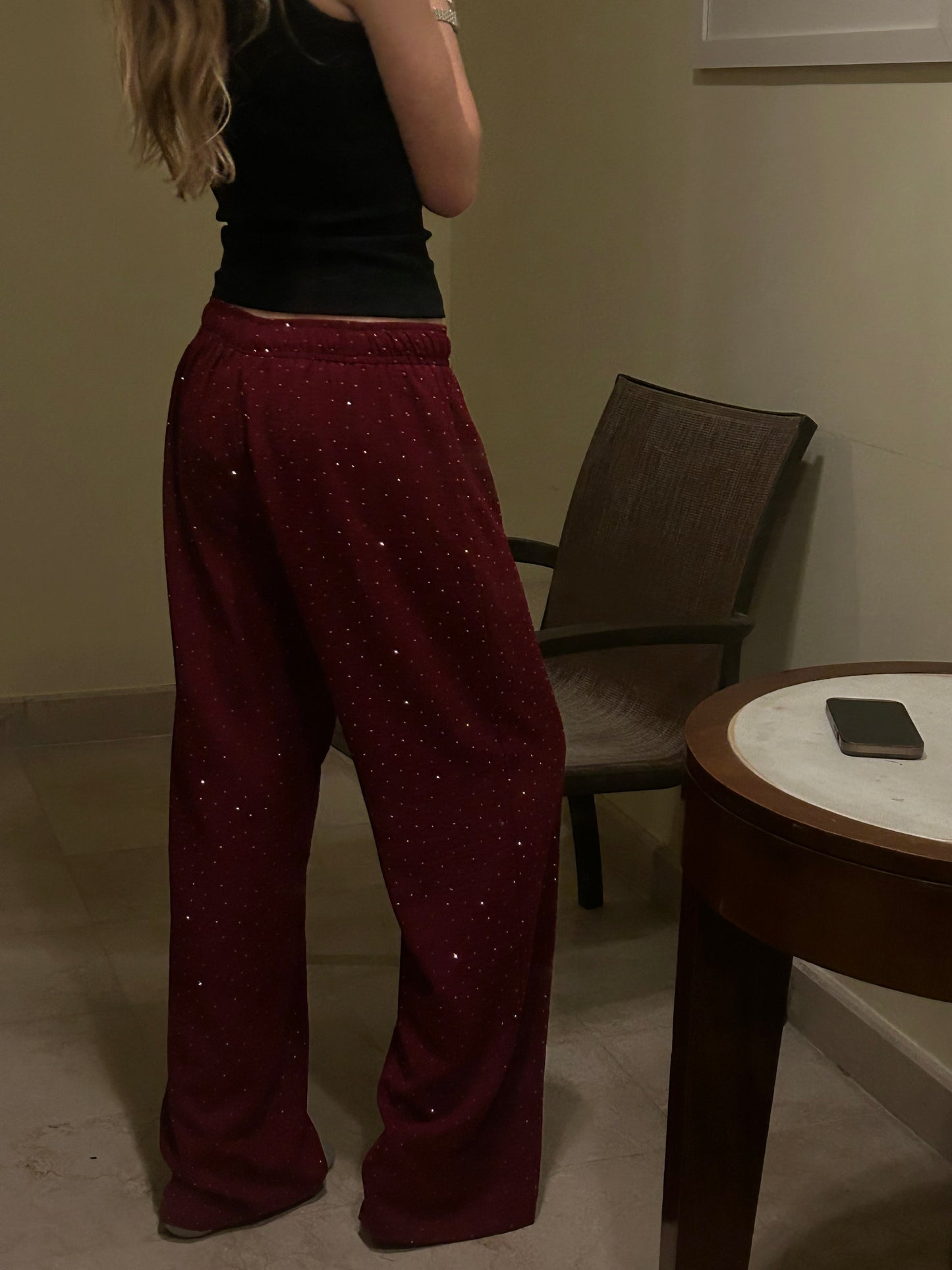bling burgundy linen pants