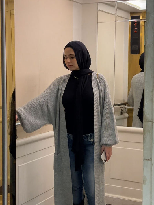light gray cardigan