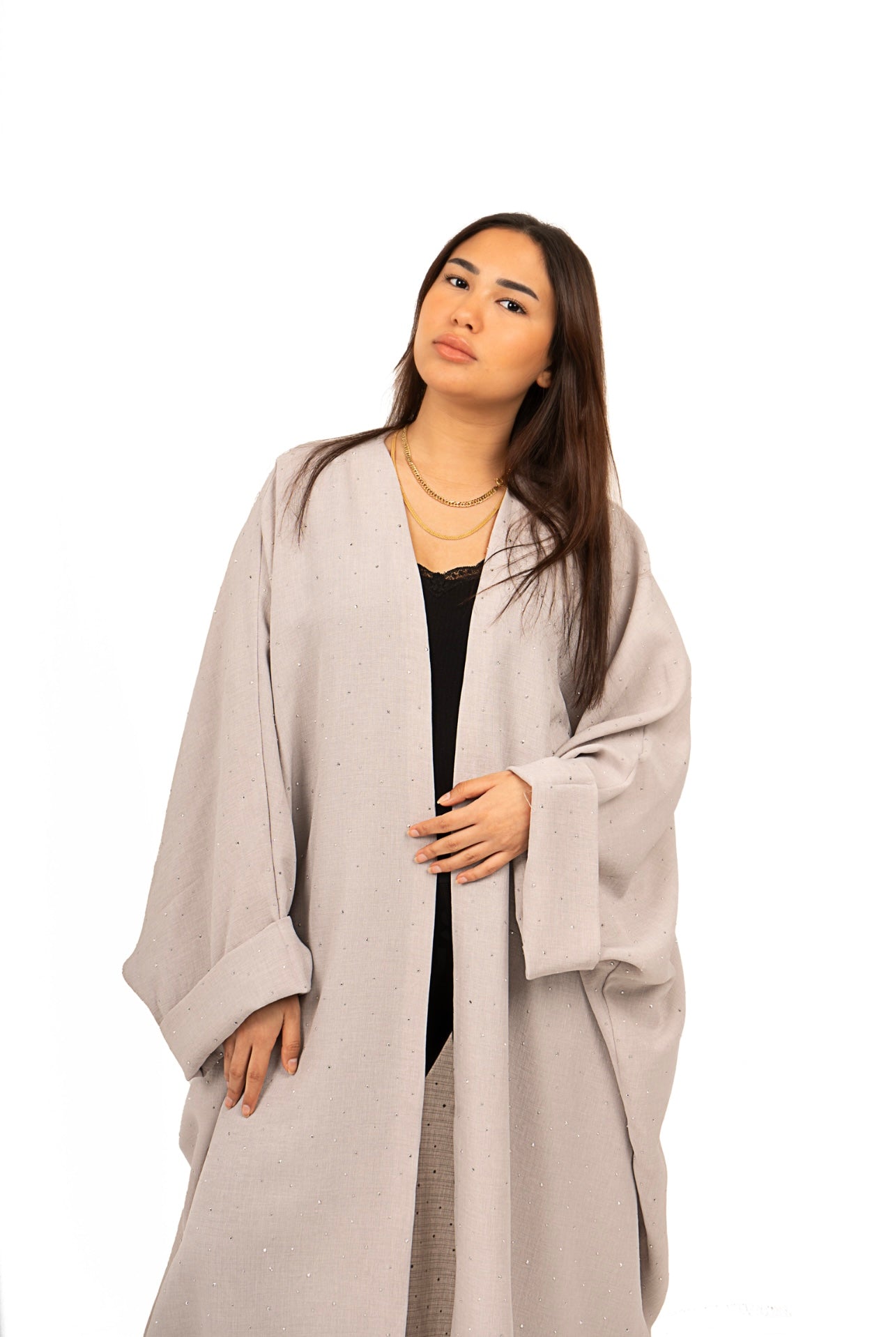 grey sparkly abaya