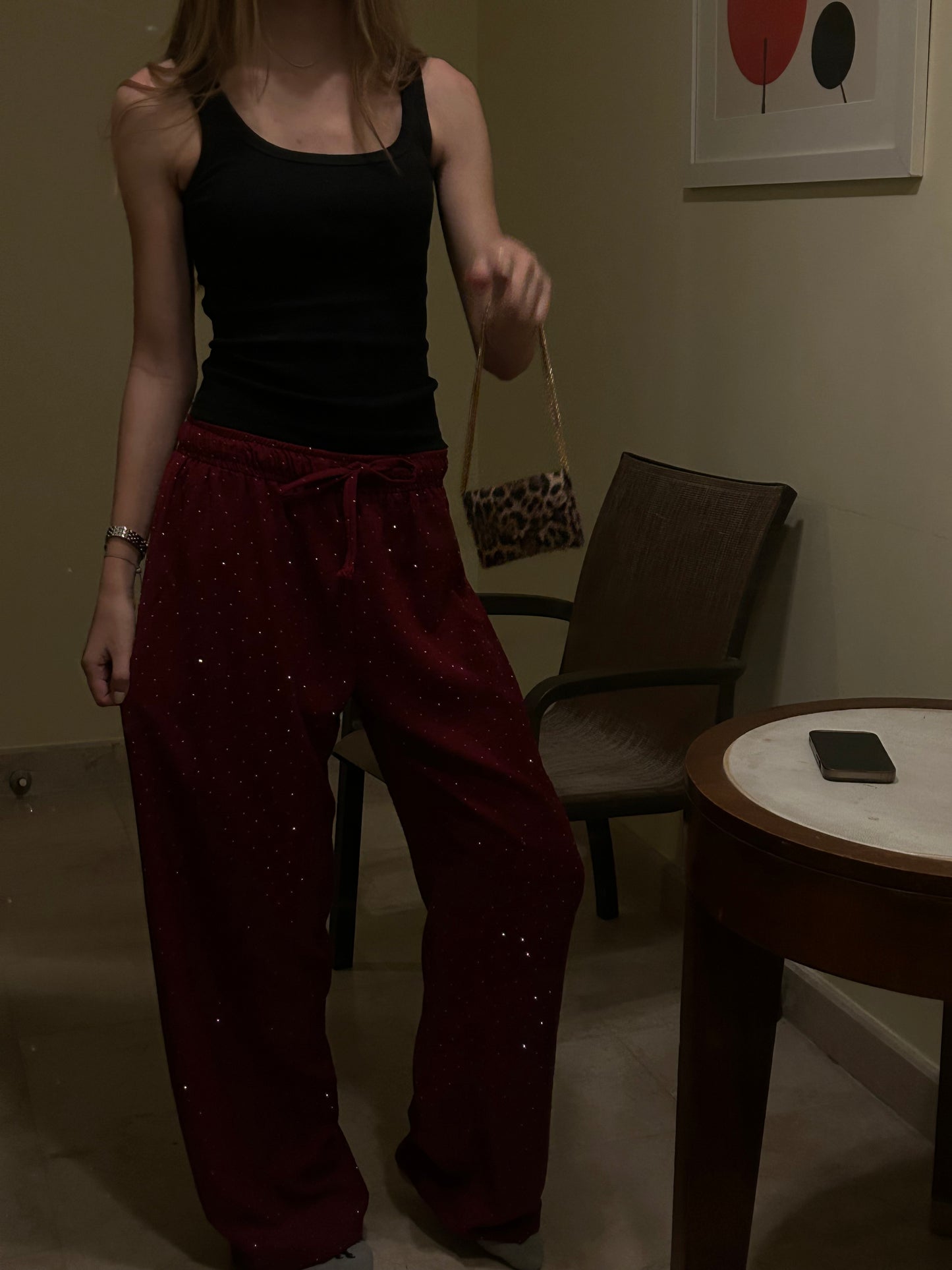bling burgundy linen pants